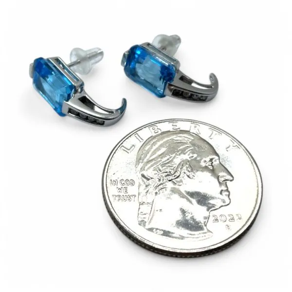 10k White Gold Emerald Cut Blue Topaz and 1/10ctw Diamond Earrings