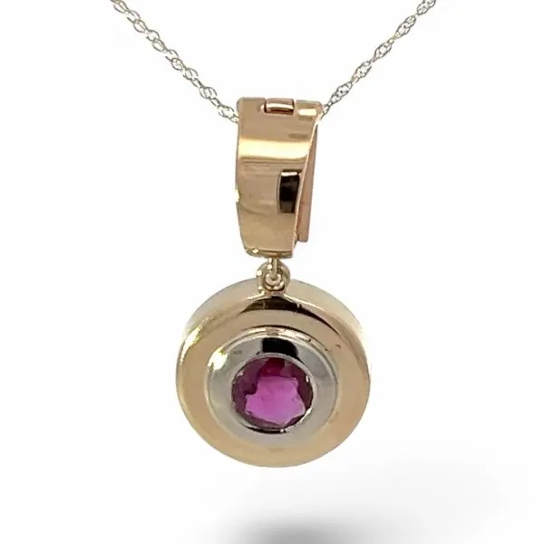 14k Yellow and White Gold 6.5mm Purplish Red Ruby Pendant with Chain