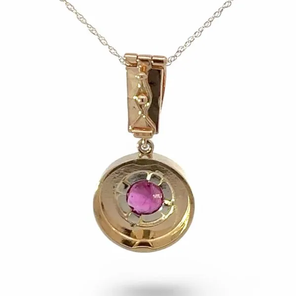 14k Yellow and White Gold 6.5mm Purplish Red Ruby Pendant with Chain