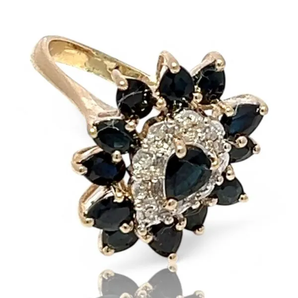 14k Yellow Gold Dark Blue Sapphire and Diamond Ring Size 6