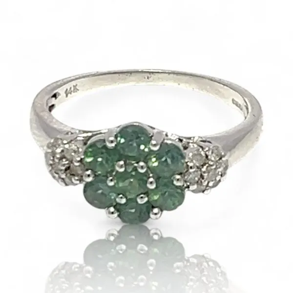 14k White Gold Bluish Green Tourmaline and Diamond Ring Size 6.5