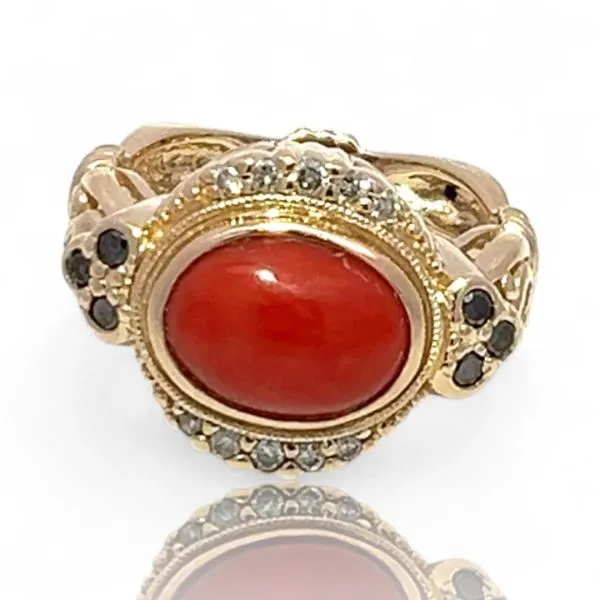 14k Yellow Gold Orangish-Red Carnelian and Black Diamond Ring Size 6