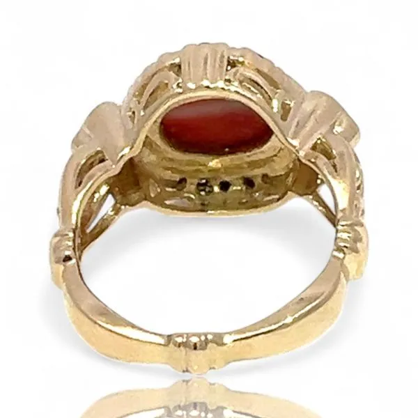 14k Yellow Gold Orangish-Red Carnelian and Black Diamond Ring Size 6
