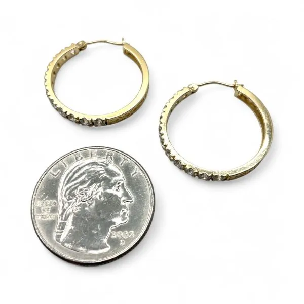 14k Yellow Gold Cubic Zirconia 24mm Hoop Earrings with Hinged Backs