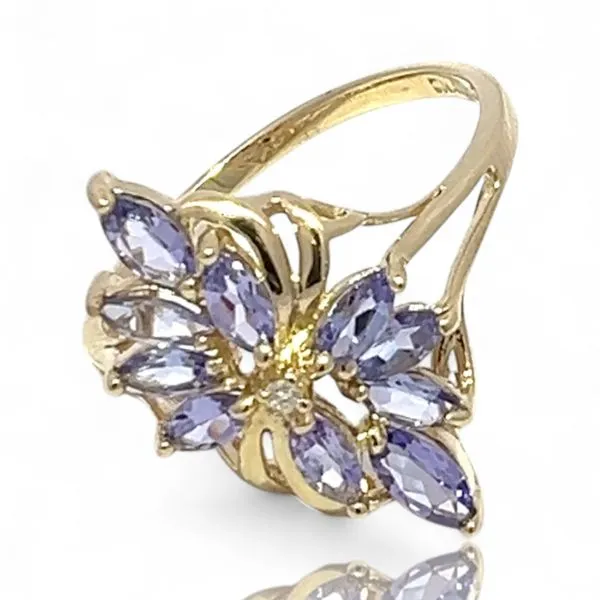 14k Yellow Gold Purplish-Blue Tanzanite and Diamond Ring Size 10