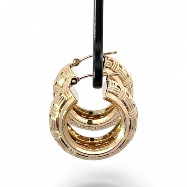 14k Yellow Gold 22mm Basket Weave Hoop Earrings with Hinged Backs