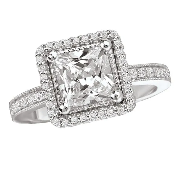 Square Halo Diamond Ring with Milgrain Detail in 18kt White Gold Montoya Jewelry Designs Windsor, CA