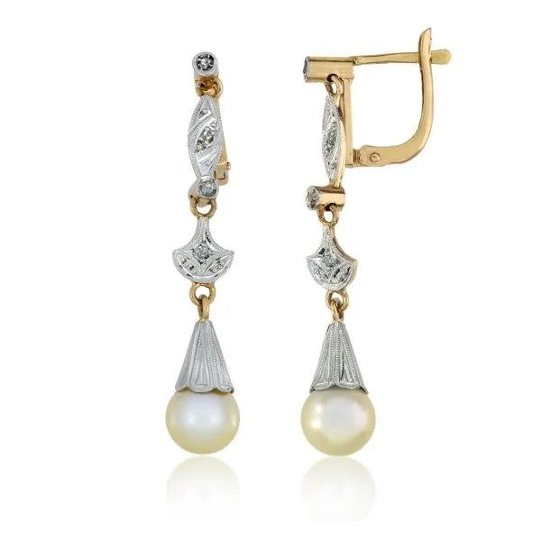 Edwardian 14K Yellow and White Gold Pearl & Natural Diamond Dangle Earrings Purple Creek Holly Springs, NC