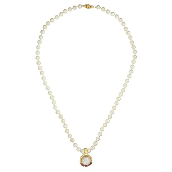 14K Yellow Gold 5.9mm Cultured Pearl 19 1/2" Necklace with Mabe Pearl and Ruby Pendant Image 3 Purple Creek Holly Springs, NC