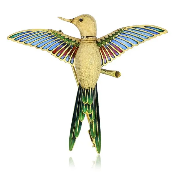 Vintage 18K Yellow Gold Articulated Head & Wings Plique a Jour Enamel Hummingbird Brooch Purple Creek Holly Springs, NC