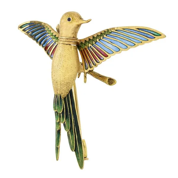 Vintage 18K Yellow Gold Articulated Head & Wings Plique a Jour Enamel Hummingbird Brooch Image 5 Purple Creek Holly Springs, NC
