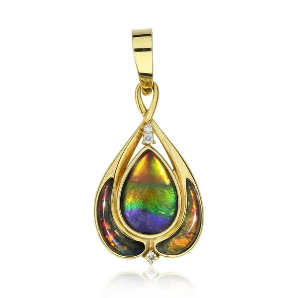 Korite 14K Yellow Gold Pear Cabochon Ammolite & Natural Diamond Pendant Purple Creek Holly Springs, NC