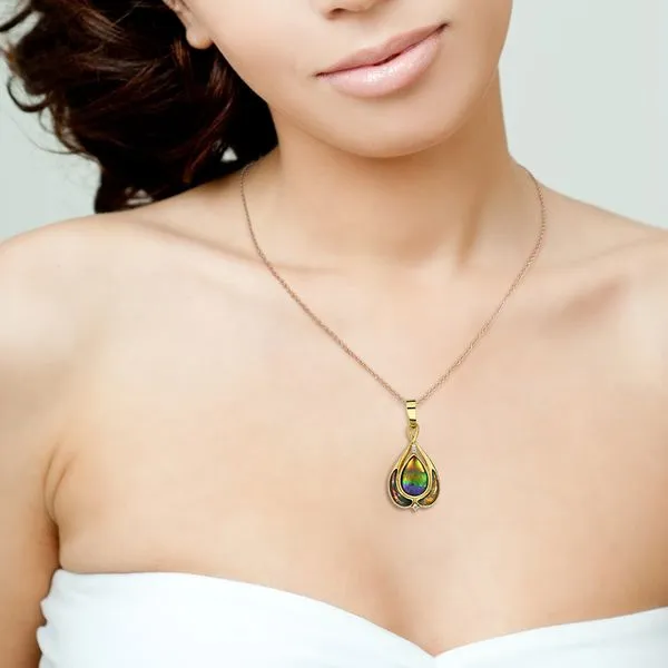 Korite 14K Yellow Gold Pear Cabochon Ammolite & Natural Diamond Pendant Image 2 Purple Creek Holly Springs, NC