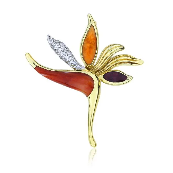 Na Hoku 14k Yellow Gold Bird of Paradise Natural Diamond and Spiny Oyster Pendant Purple Creek Holly Springs, NC