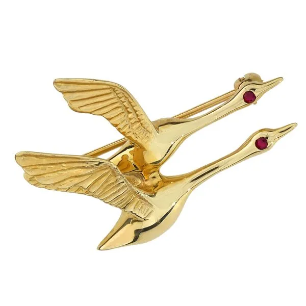 Cross 14K Yellow Gold Figural Flying Geese with Ruby Eyes Brooch Image 3 Purple Creek Holly Springs, NC