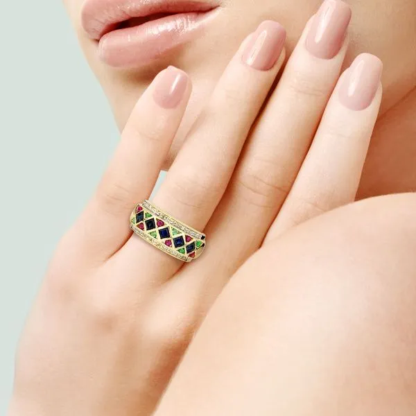 14K Yellow Gold Ruby, Emerald, Sapphire & Natural Diamond Band Image 2 Purple Creek Holly Springs, NC