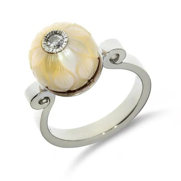 Galatia LuckDaisy Carved Pearl & Natural Diamond 14K White Gold Ring Purple Creek Holly Springs, NC