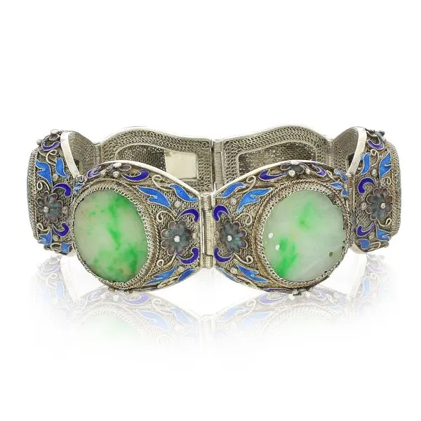 Vintage 900 Silver Dyed Jadeite Enamel Chinese Bracelet Purple Creek Holly Springs, NC