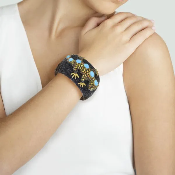 Sterling Lizard with 14.10ctw of Sapphires, Turquoise and Emeralds on a Stingray Skin Cuff Image 2 Purple Creek Holly Springs, NC