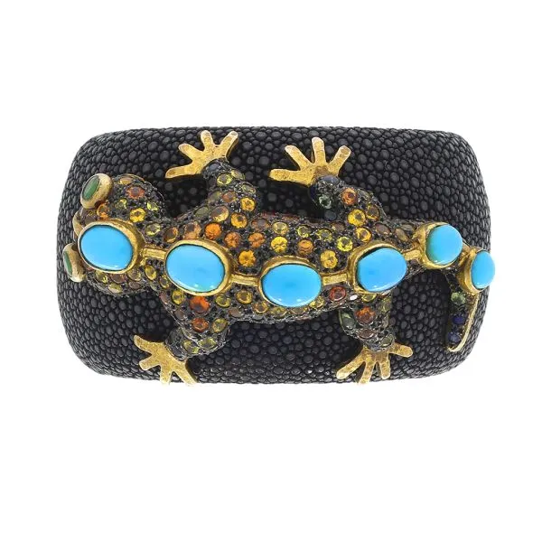 Sterling Lizard with 14.10ctw of Sapphires, Turquoise and Emeralds on a Stingray Skin Cuff Image 3 Purple Creek Holly Springs, NC