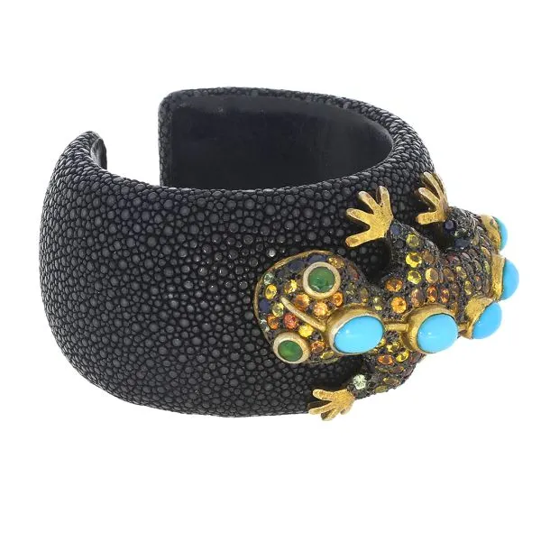 Sterling Lizard with 14.10ctw of Sapphires, Turquoise and Emeralds on a Stingray Skin Cuff Image 4 Purple Creek Holly Springs, NC