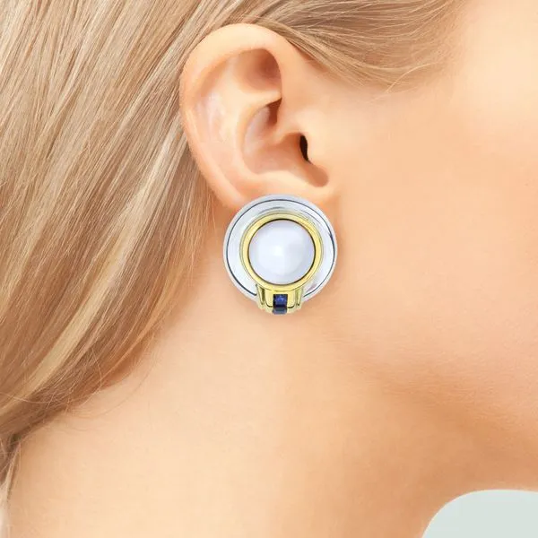 Tiffany & Co. 18K Yellow Gold & Sterling Mabe Pearls with Sapphire Clip On Earrings Image 2 Purple Creek Holly Springs, NC