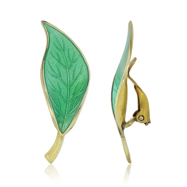 David Andersen Willie Winnaess 1950's Designed Green Guilloche Enamel Leaf Earrings Image 3 Purple Creek Holly Springs, NC