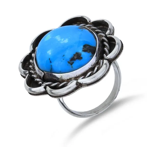 Vintage Native American Sterling Silver Turquoise Floral Halo Ring Purple Creek Holly Springs, NC