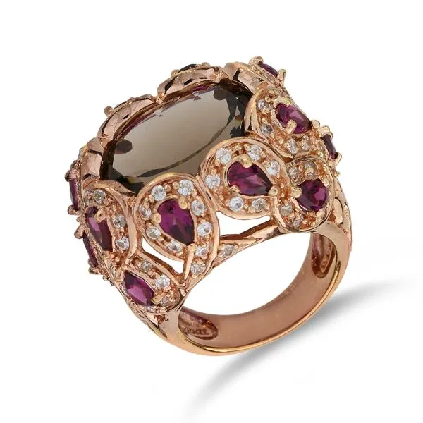 Sterling Silver 17.16ctw Smoky Quartz, Garnet and Zircon Rose Gold Wash Cocktail Statement Ring Purple Creek Holly Springs, NC