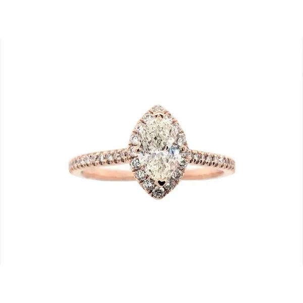 *14 KARAT ROSE GOLD DIAMOND HALO ENGAGEMENT RING The Hunt House Fine and Custom Jewellery Huntsville, ON