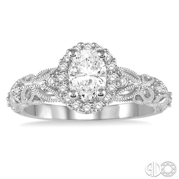 3/4 Ctw Vintage Inspired Diamond Halo Engagement Ring with 1/2 Ct Oval Cut Center Diamond in 14K White Gold Image 2 Becker's Jewelers Burlington, IA