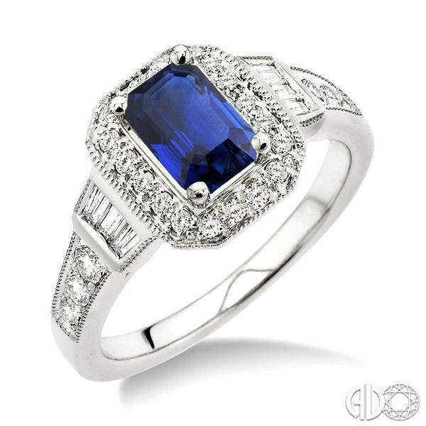 7x5mm Octagon Cut Sapphire and 1/2 Ctw Round & Baguette Cut Diamond Ring in 14K White Gold Becker's Jewelers Burlington, IA