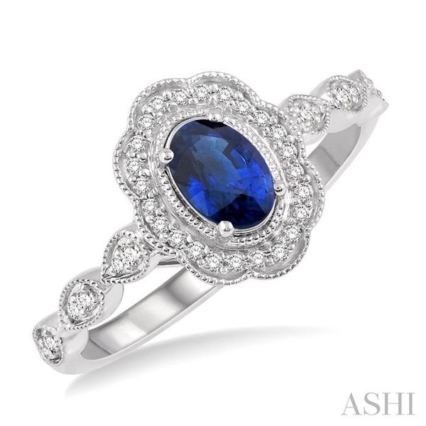 6x4 MM Oval Shape Sapphire and 1/6 Ctw Round Cut Diamond Precious Ring in 10K White Gold Becker's Jewelers Burlington, IA