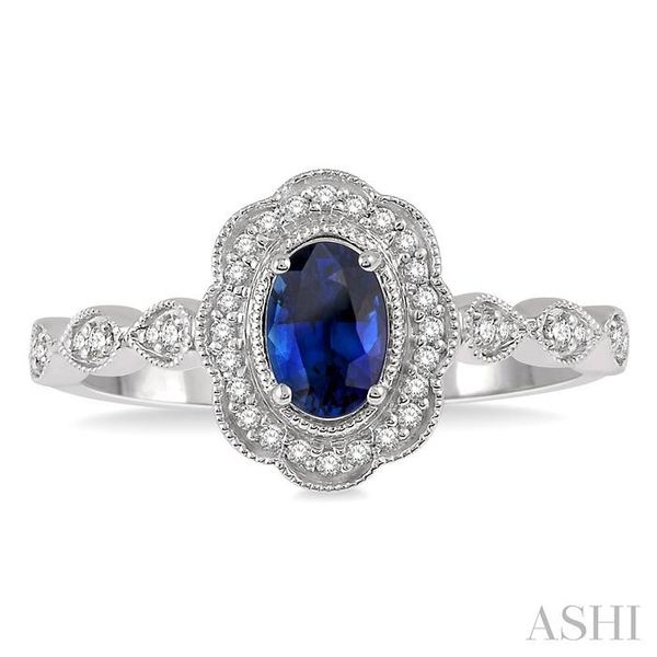 6x4 MM Oval Shape Sapphire and 1/6 Ctw Round Cut Diamond Precious Ring in 10K White Gold Image 2 Becker's Jewelers Burlington, IA
