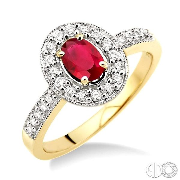 6x4mm Oval Cut Ruby and 1/4 Ctw Round Cut Diamond Ring in 14K Yellow Gold Becker's Jewelers Burlington, IA