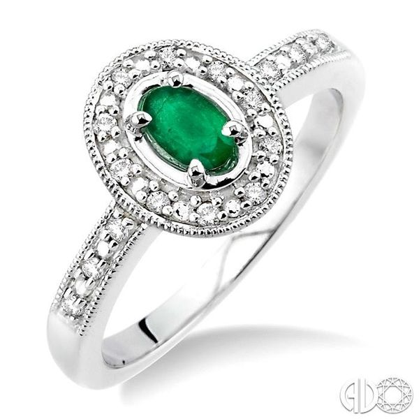 5x3mm oval cut Emerald and 1/10 Ctw Single Cut Diamond Ring in 14K White Gold. Becker's Jewelers Burlington, IA