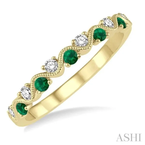1.8 MM Emerald and 1/6 Ctw Round Cut Diamond Precious Waves Wedding Band in 14K Yellow Gold Becker's Jewelers Burlington, IA