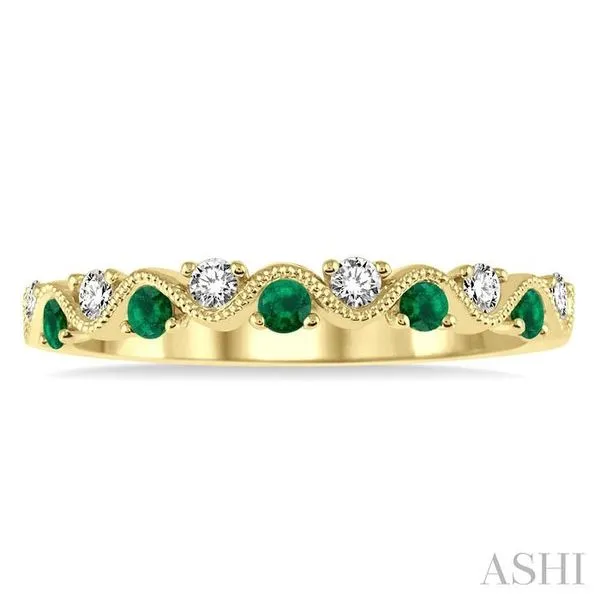 1.8 MM Emerald and 1/6 Ctw Round Cut Diamond Precious Waves Wedding Band in 14K Yellow Gold Image 2 Becker's Jewelers Burlington, IA