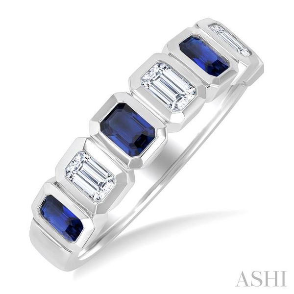 4X3 MM Octagon Shape Sapphire and 5/8 Ctw Emerald Cut Diamond 7 Stone Bezel Set Precious Fashion Band in 14K White Gold Becker's Jewelers Burlington, IA