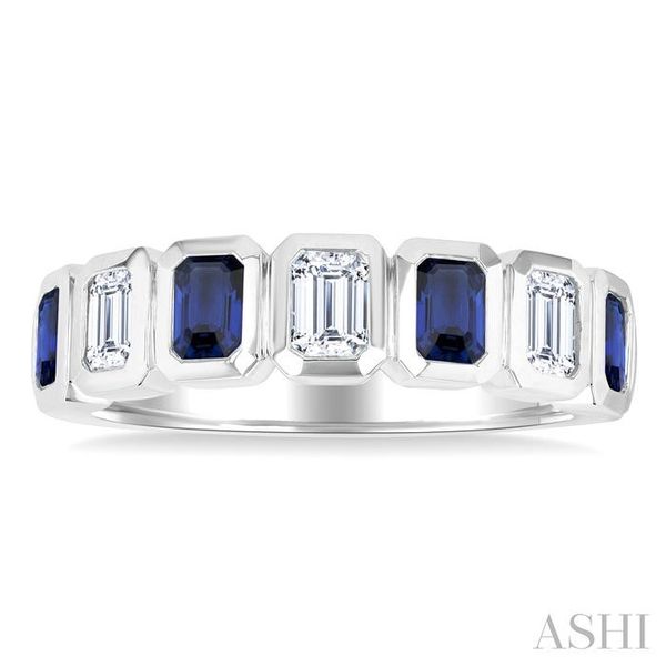 4X3 MM Octagon Shape Sapphire and 5/8 Ctw Emerald Cut Diamond 7 Stone Bezel Set Precious Fashion Band in 14K White Gold Image 2 Becker's Jewelers Burlington, IA