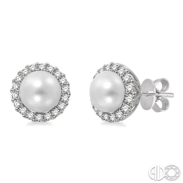 8x8mm Cultured Pearl and 1/3 Ctw Round Cut Diamond Earrings