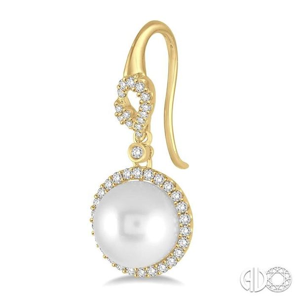 10x10 MM White Cultured Pearl and 5/8 Ctw Round Cut Diamond Earrings in 14K Yellow Gold Image 3 Becker's Jewelers Burlington, IA
