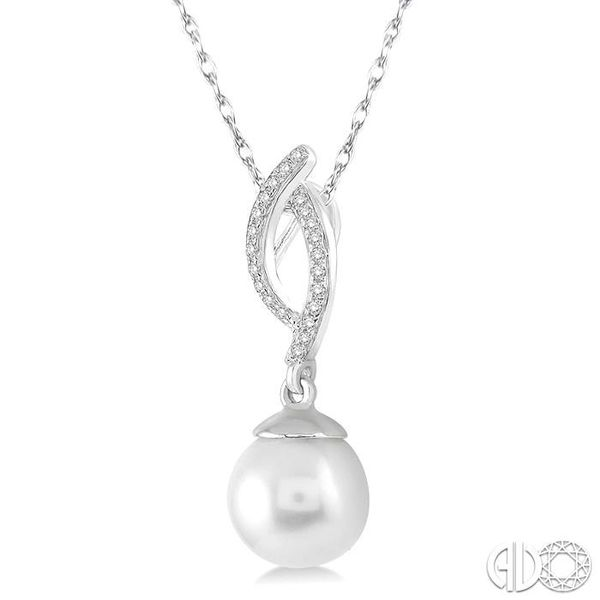 7x7 MM Round Cut Cultured Pearl and 1/20 Ctw Round Cut Diamond Pendant in 14K White Gold with Chain Image 2 Becker's Jewelers Burlington, IA