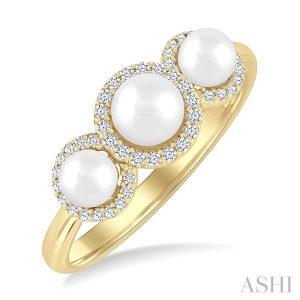 1/6 Ctw Past, Present & Future 4MM & 5MM Cultured Pearl and Round Cut Diamond Halo Ring in 14K Yellow Gold Becker's Jewelers Burlington, IA
