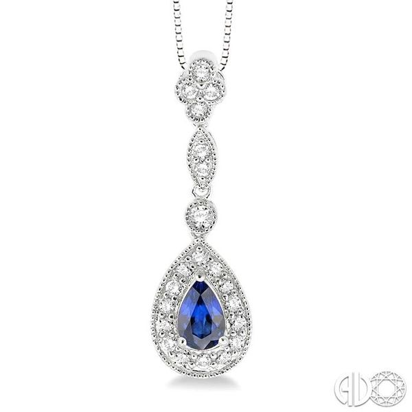 6x4MM Pear Shape Sapphire and 1/4 Ctw Round Cut Diamond Pendant in 14K  White Gold with Chain