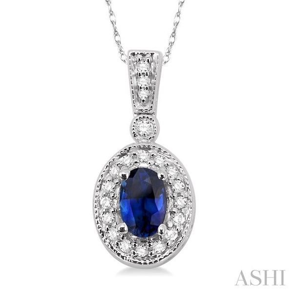 6x4 MM Oval Cut Sapphire and 1/8 Ctw Round Cut Diamond Pendant in 14K White Gold with Chain Becker's Jewelers Burlington, IA