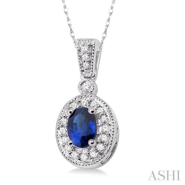 6x4 MM Oval Cut Sapphire and 1/8 Ctw Round Cut Diamond Pendant in 14K White Gold with Chain Image 2 Becker's Jewelers Burlington, IA