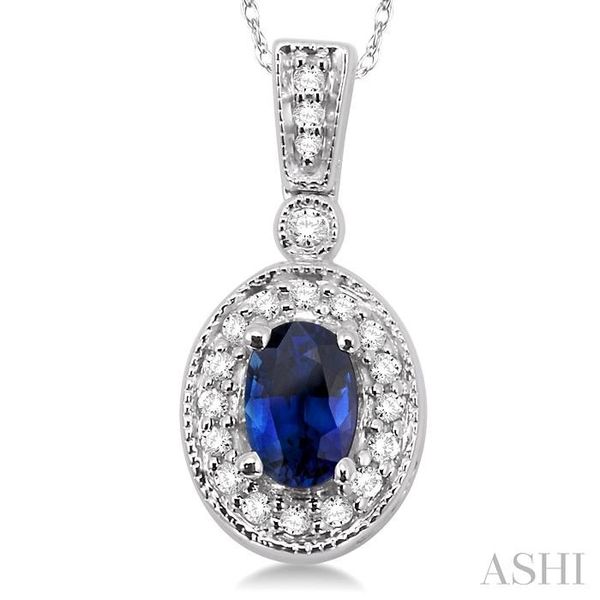 6x4 MM Oval Cut Sapphire and 1/8 Ctw Round Cut Diamond Pendant in 14K White Gold with Chain Image 3 Becker's Jewelers Burlington, IA