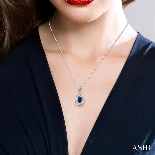 6x4 MM Oval Cut Sapphire and 1/8 Ctw Round Cut Diamond Pendant in 14K White Gold with Chain Image 4 Becker's Jewelers Burlington, IA