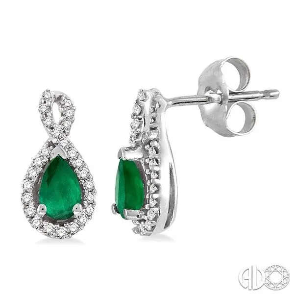 5x3mm Pear Shape Emerald and 1/6 Ctw Round Cut Diamond Earrings in 14K  White Gold